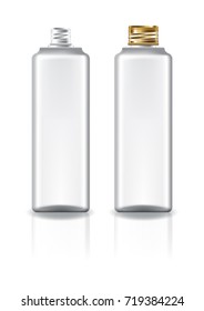White square cosmetic bottle with gold screw lid for beauty or healthy product. Isolated on white background with reflection shadow. Ready to use for package design. Vector illustration.