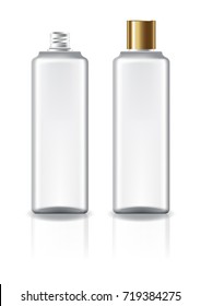 White square cosmetic bottle with gold plain screw lid for beauty or healthy product. Isolated on white background with reflection shadow. Ready to use for package design. Vector illustration.