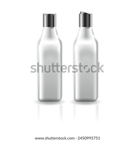 White square cosmetic bottle with silver push on cap for beauty or healthy product mockup template. Isolated on white background with shadow. Ready to use for package design. Vector illustration.