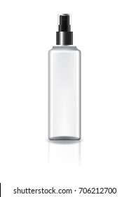 White square cosmetic bottle with spray head and black ring for beauty or healthy product. Isolated on white background with reflection shadow. Ready to use for package design. Vector illustration.