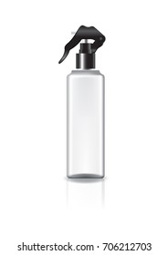 White square cosmetic bottle with spray head and black ring for beauty or healthy product. Isolated on white background with reflection shadow. Ready to use for package design. Vector illustration.