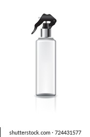 White square cosmetic bottle with spray head and silver ring for beauty or healthy product. Isolated on white background with reflection shadow. Ready to use for package design. Vector illustration.