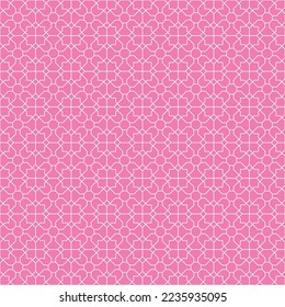 White square and diagonal line pattern on pink background. Linked diagonal line on square and octagon shape. White lattice pattern on pink background. Abstract maze backdrop.