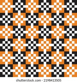 Punto cuadrado blanco sobre fondo de patrón negro y naranja.