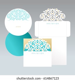 White square envelope with carved openwork pattern and round invitation. Template of cover for laser cutting.