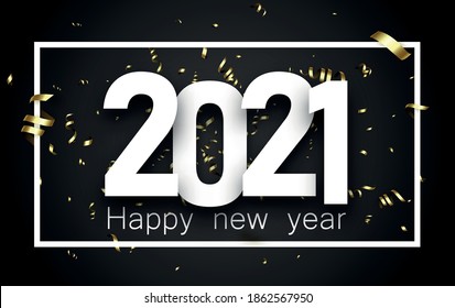 White square frame and 2021 Happy new year sign inside it. Black background. Gold serpentine. Vector holiday illustration.