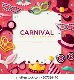 White Square Frame with Carnival Masks and Objects on Purple Background. Vector illustration.