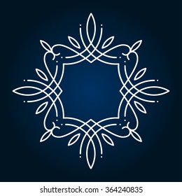 White square frame in mono line style. Place for monogram or logo. Curved line and dot floral geometric ornament on blue background.