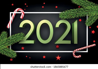 White square frame on black background. Green 3d 2021 sign. Red stars confetti, candy canes and spruce branches. Vector holiday illustration.