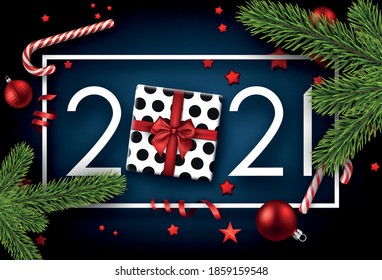 White square frame on dark blue background. White 2021 sign with christmas present box instead of 0. Red stars confetti, serpentine, christmas tree toys, candy canes and spruce branches. Vector.