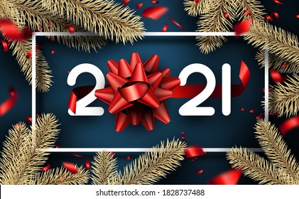 White square frame on deep blue background. Red bow instead of 0 in 2021. Red confetti and serpentine. Gold spruce branches. Vector holiday illustration.