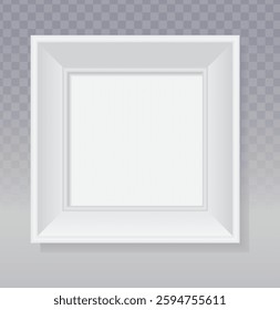 White Square Frame Vector: Minimalist Design, Light Checkered Background, 3D Effect, Recessed Center, Clean White Color, Picture Frame Mockup, Art Display Template, Transparent Element, Drop Shadow.