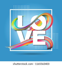 White square frame with word love and bright paint brush stroke on blue background 3d vector illustration