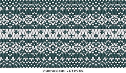 Weiße quadratische Geometrie auf grünem Strickmuster, festes Pullover-Design. Nahtloses gezwirntes Muster