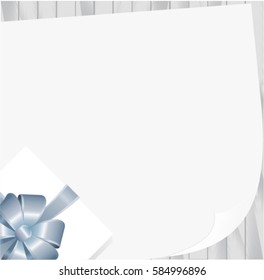 White Square Gift Box with Blue Bow on Wooden Plank Background with place for your text. Vector image.