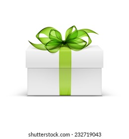 White Square Gift Box with Light Green Ribbon and Bow Isolated on Background