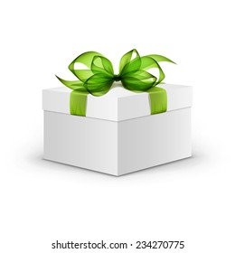 White Square Gift Box with Light Green Ribbon and Bow Isolated on Background