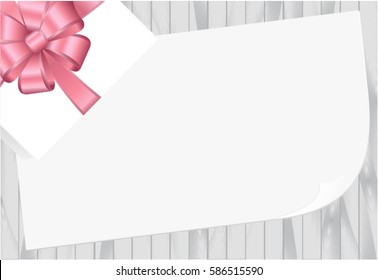 White Square Gift Box with Pink  Bow on Wooden Plank Background with  place for your text. Vector image.