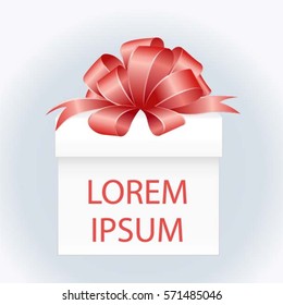 White Square Gift Box with place for your text and with Red   Bow Isolated on  Background. Vector image.