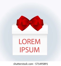 White Square Gift Box with place for your text and with Red   Bow Isolated on  Background. Vector image.