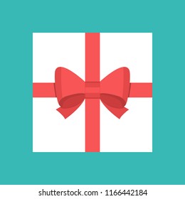 White Square Gift Box with Red Ribbon and Bow Isolated on Background
