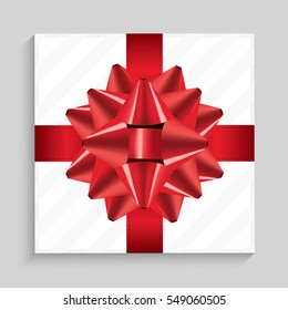 White Square Gift Box with Red Bow and Ribbon. Top View. Vector Illustration.
