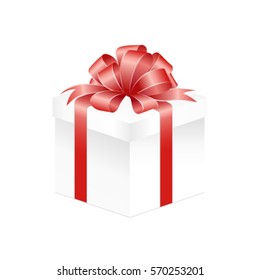White Square Gift Box with Red Ribbon and Bow Isolated on  White Background. Vector image.