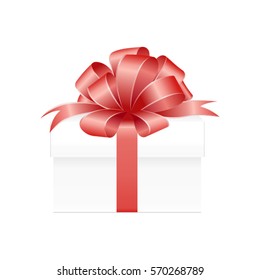 White Square Gift Box with Red Ribbon and Bow Isolated on  White Background. Vector image.