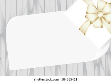 White Square Gift Box with Red   Bow on Wooden Plank Background with place for your text. Vector image.