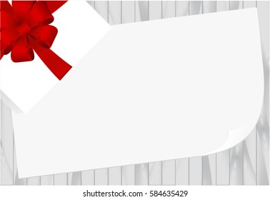 White Square Gift Box with Red   Bow on Wooden Plank Background with place for your text. Vector image.