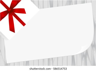 White Square Gift Box with Red   Bow on Wooden Plank Background with White sheet of paper.  Has place for your text. Vector image.