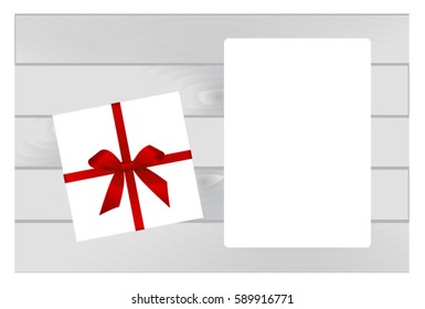 White Square Gift Box with Red Bow and White Sheet of paper Isolated
 on Wooden Plank Background.  Has place for your text. Vector image.