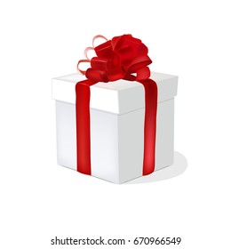 White square gift box with red ribbon and bow isolated on background, vector