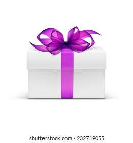 White Square Gift Box with Violet Purple Ribbon and Bow Isolated on Background