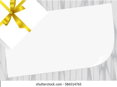 White Square Gift Box with Yellow Bow on Wooden Plank Background with White sheet of paper.  Has place for your text. Vector image.