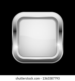 White square glass button with chrome frame. On black background. Vector 3d illustration