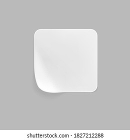 White square glued sticker with curled corner mock up. Blank white adhesive square paper or plastic sticker label isolated on gray background. Blank template label tags. 3d realistic vector