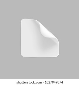 Pegatina pegada cuadrada blanca con esquina rizada se burla. Papel cuadrado adhesivo blanco en blanco o etiqueta adhesiva de plástico aislada sobre fondo gris. Etiquetas de etiquetas de plantilla en blanco. 3.ᵉʳ vector realista
