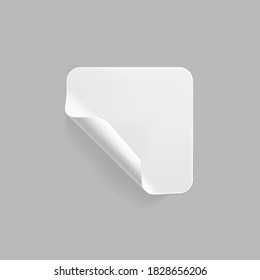 Pegatina pegada cuadrada blanca con esquina rizada se burla. Papel cuadrado adhesivo blanco en blanco o etiqueta adhesiva de plástico aislada sobre fondo gris. Etiquetas de etiquetas de plantilla en blanco. 3.ᵉʳ vector realista