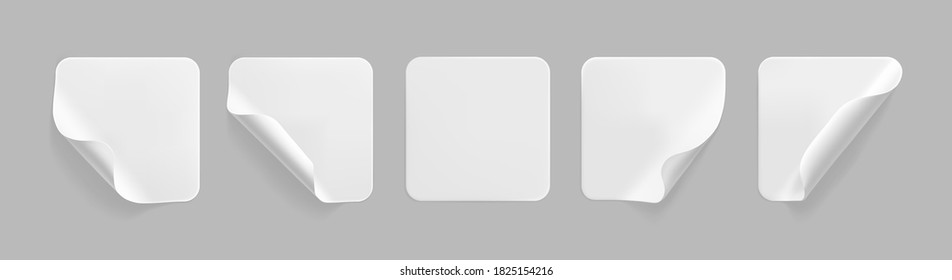 White square glued stickers with curled corners mock up set. Blank white adhesive square paper or plastic sticker label with wrinkled, crumpled effect. Blank template label tags. 3d realistic vector