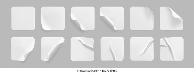 White square glued stickers with curled corners mock up set. Blank white adhesive square paper or plastic sticker label with wrinkled, crumpled effect. Blank template label tags. 3d realistic vector