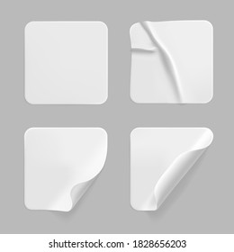 White square glued stickers with curled corners mock up set. Blank white adhesive square paper or plastic sticker label with wrinkled, crumpled effect. Blank template label tags. 3d realistic vector