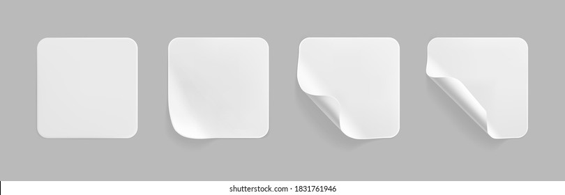 White square glued stickers with curled corners mock up set. Blank white adhesive square paper or plastic sticker label with wrinkled, crumpled effect. Blank template label tags. 3d realistic vector