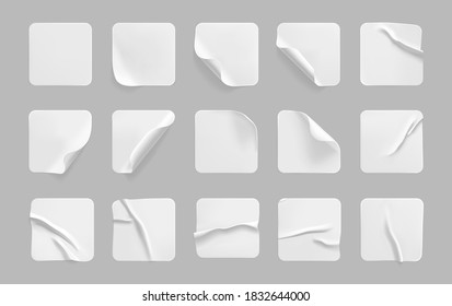 White square glued stickers with curled corners mock up set. Blank white adhesive square paper or plastic sticker label with wrinkled, crumpled effect. Blank template label tags. 3d realistic vector