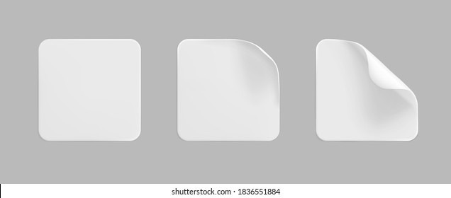 White square glued stickers with curled corners mock up set. Blank white adhesive square paper or plastic sticker label with wrinkled, crumpled effect. Blank template label tags. 3d realistic vector