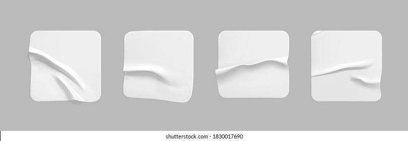 White square glued stickers mock up set. Blank white adhesive square paper or plastic sticker label with wrinkled, crumpled effect. Blank template label tags. 3d realistic vector