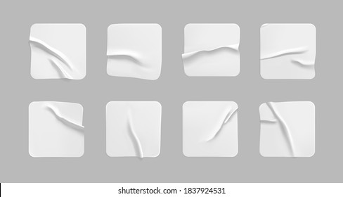 White square glued stickers mock up set. Blank white adhesive square paper or plastic sticker label with wrinkled, crumpled effect. Blank template label tags. 3d realistic vector