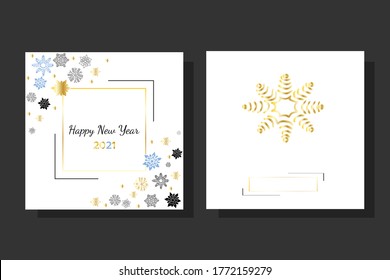 White square greeting card 2021 Happy New Year with snowflakes and frames for invitations, party, holidays and business with space for text, logo or name of compan