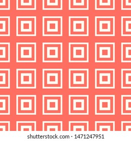 White square on coral color background. Monochrome geometric seamless pattern