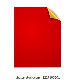 White square page isolated. Vector illustration. Paper page with gold corner.